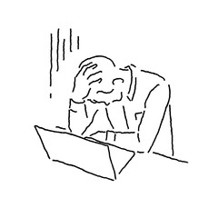 Businessman holding head in despair after mistake at work, line art illustration