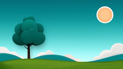 Fototapeta premium A serene spring landscape illustration featuring green hills, blooming flowers, and a clear blue sky, perfect for relaxation.