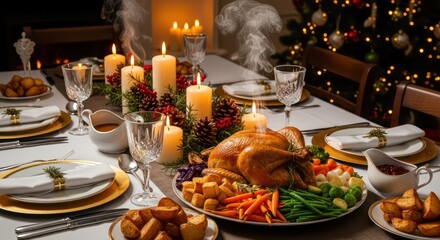 Christmas Dinner Table Setting with Roasted Turkey.