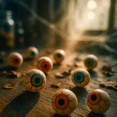Colorful eyeball decorations scattered on a wooden surface