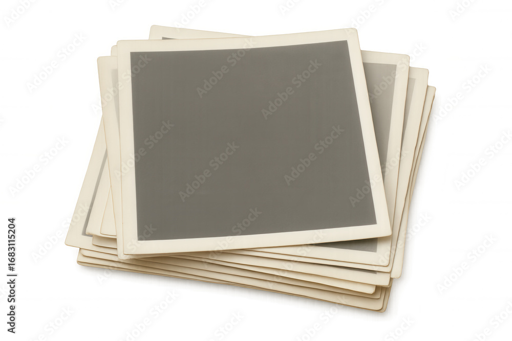 Poster stack of old blank photographs with gray space for adding images, isolated on transparent background