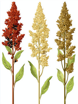 Set di tre infiorescenze di cereali tipo sorgo/miglio, illustrazione botanica verticale isolata su fondo bianco. Elemento grafico per etichette, packaging food, poster didattici, infografiche 