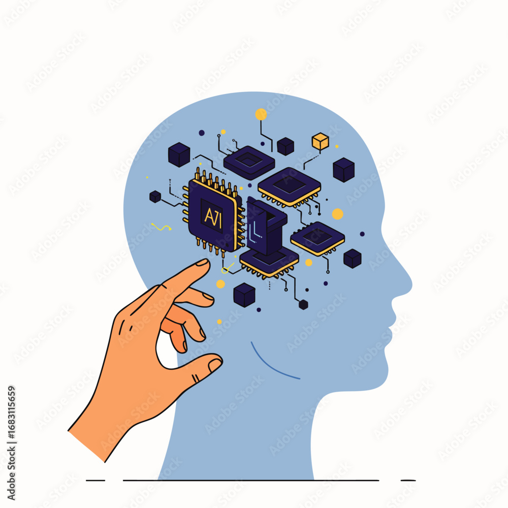 Poster an illustrative depiction of artificial intelligence integrating with human thought processes, showc