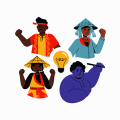 A vibrant illustration showcasing a diverse global community of empowered individuals, fostering creativity and innovative ideas through collaboration and strong voices.