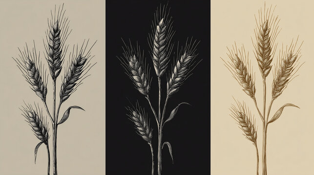 Tris di spighe di grano stile incisione vintage su fondi neutri chiaro/nero/beige. Elementi grafici isolabili per etichette, packaging, poster cucina, ristorazione, panetteria e pattern.