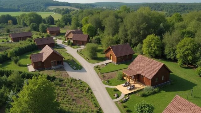 panoramic aerial view of eco village with wooden houses, gravel road, gardens and orchards