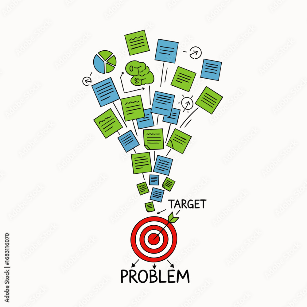 Aufkleber a conceptual image showing ideas and resources flowing from a problem towards a target, symbolizing 