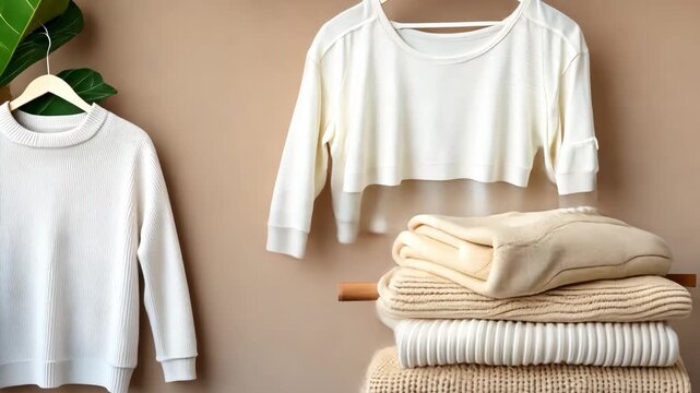 A collection of stylish hats hangs on a rack alongside a chic light-colored top, ideal for warm weather fashion choices and accessorizing