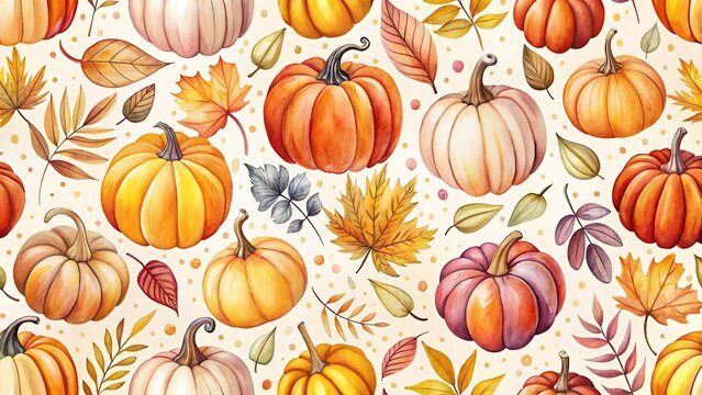  watercolor autumn pumpkins and leaves seamless pattern for thanksgiving day - Powered by Adobe