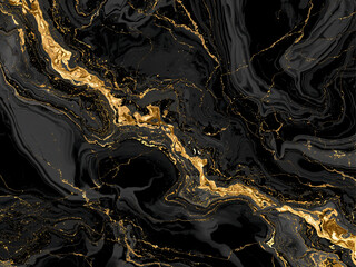 Liquid black marble with intricate gold veins and textures
