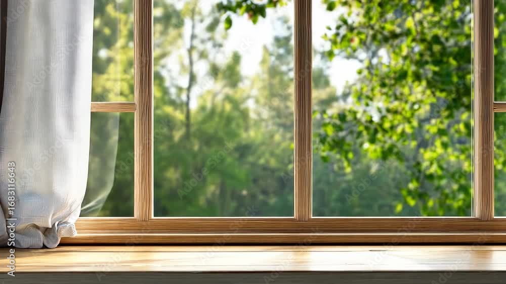Poster sunlight pours in through a wooden window, illuminating a serene space with lush greenery visible ou