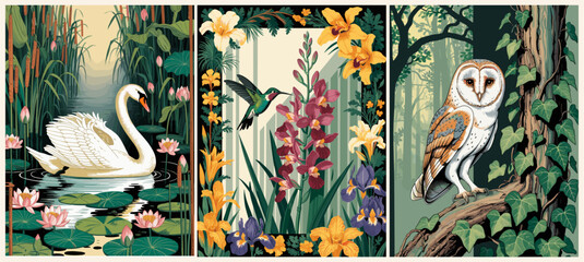 Elegant retro vector illustrations set with swan, hummingbird, and owl in lush botanical scenery. Vintage nature wall art, mid-century inspired wildlife and floral prints