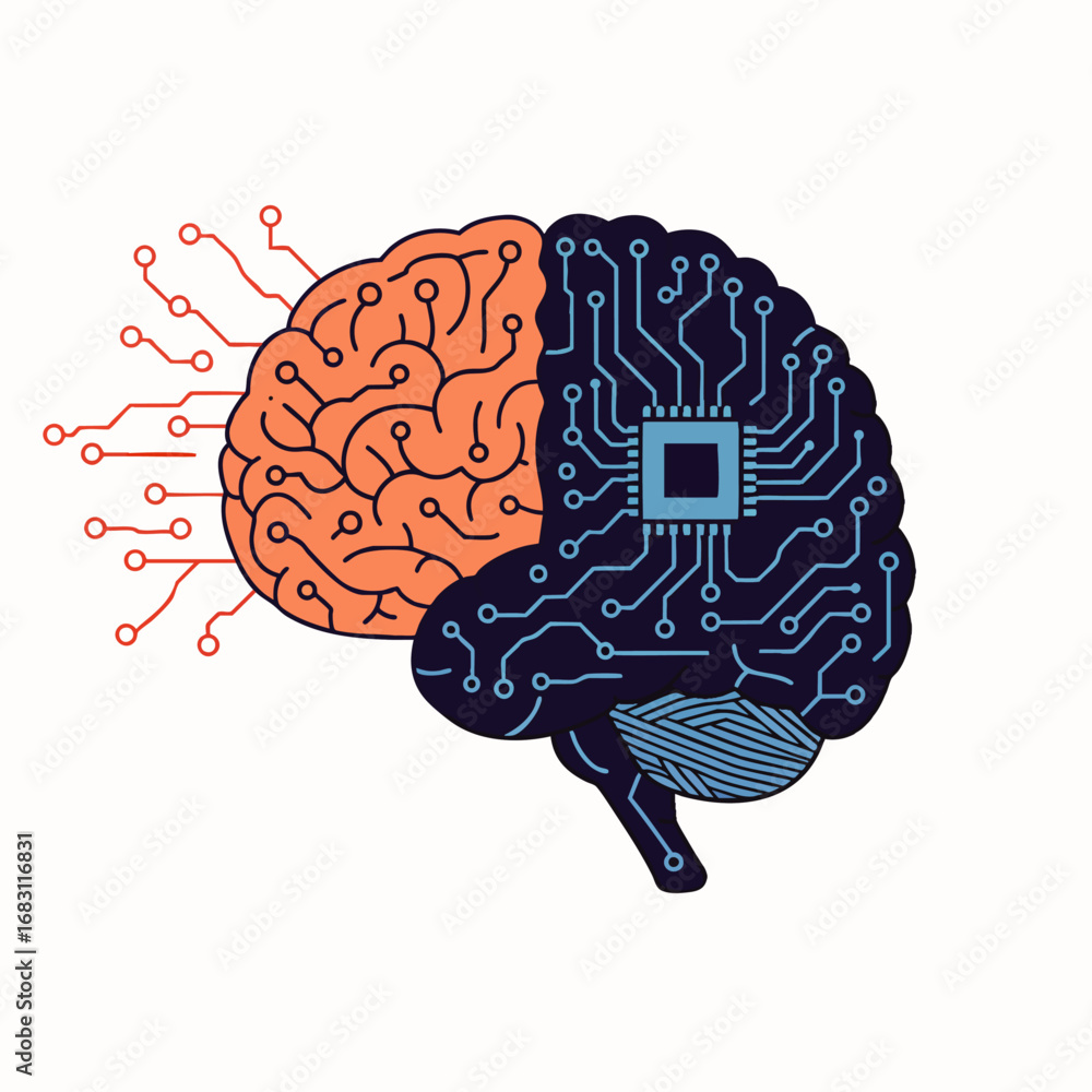 Poster a striking conceptual illustration merging the organic complexity of the human brain with the struct