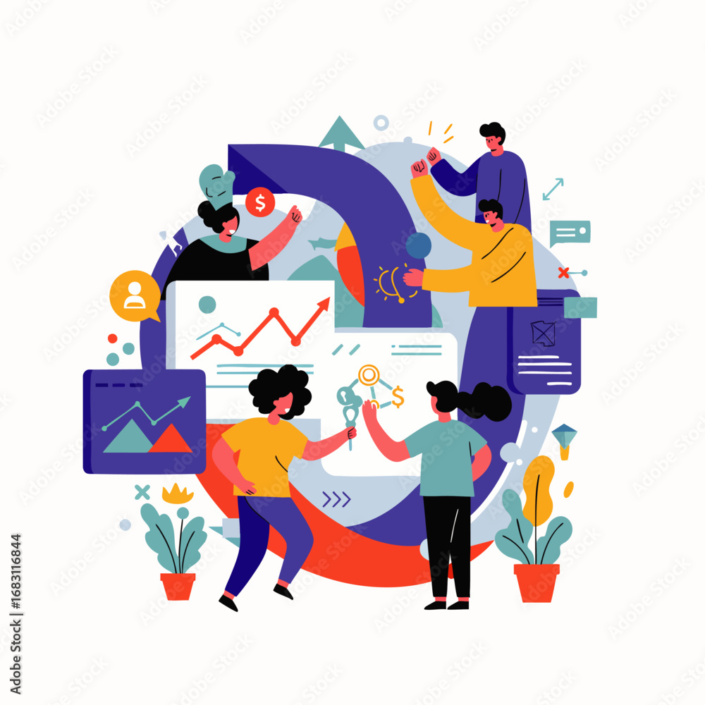 Poster a diverse team collaboratively analyzes complex business data, develops innovative strategies, and m