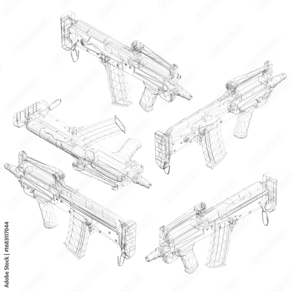 Poster a detailed wireframe assault rifle set with intricate barrel, handle, and trigger components. the 3d