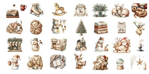 New Year Composition. Watercolor Scandinavian Christmas Elements Collection.