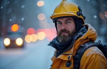 An emergency response officer, a man with a beard, wearing a yellow helmet and jacket.