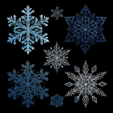 Set di fiocchi di neve ornamentali blu e bianchi su fondo nero, stile lineare. Elementi invernali isolati per Natale, inviti, pattern, laser cut, sticker e social.