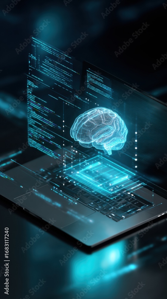 Poster a laptop displays a virtual brain with glowing data, symbolizing the blend of technology and intelli