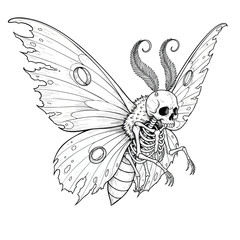 Gothic line art illustration of a death moth with a human skull skeleton body and tattered wings.