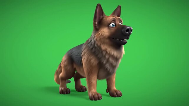 A playful cartoon german shepherd sits against a green screen background conveying a cheerful mood in a whimsical cartoon style perfect for children's books website banners and