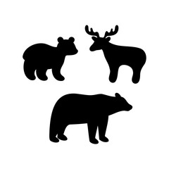Three Wild Animals Silhouettes on White Background Displaying Bear and Deer