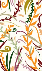 Colorful Botanical Pattern with Autumn Leaves and Branches. Hand-Drawn Autumn Foliage Pattern with Colorful Branches. Artistic Botanical Illustration of Fall Plants. Nature Elements.