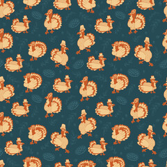 A playful Thanksgiving-inspired seamless pattern featuring whimsical turkeys wearing Pilgrim-style hats, surrounded by pies, acorns, and leafy branches.