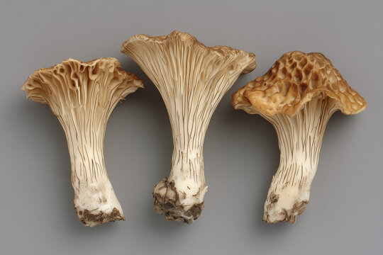 Tre funghi selvatici chiari su fondo grigio, studio fotografico pulito. Immagine editoriale per packaging gourmet, riviste food, infografiche e didattica.