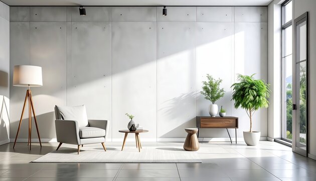 A bright, modern living room with minimalist furniture, green plants, and sunlight streaming through a large window.