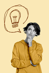 3D collage design composite trend artwork sketch of student young lady minded think idea lamp...