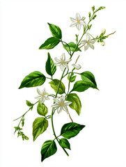 Fototapeta premium Ramo di gelsomino con piccoli fiori bianchi e foglie verdi su fondo bianco. Illustrazione botanica isolata per profumi, inviti, loghi, packaging e pattern.