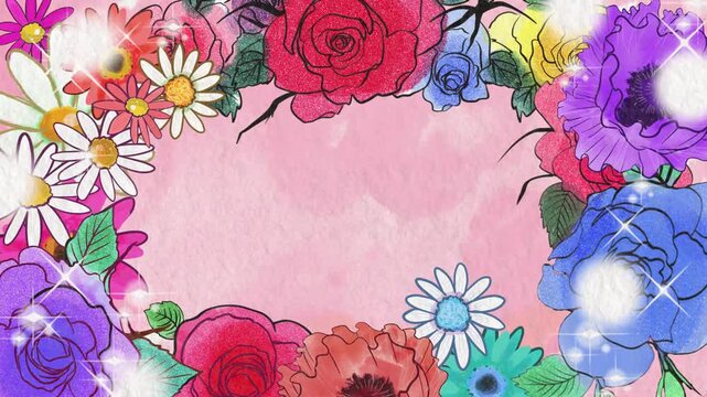 少女漫画キラキラ輝く星々とピンクの薔薇と花びらが舞うアニメ