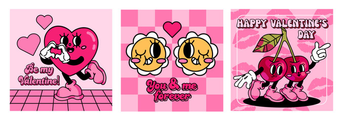 Retro groovy cards set for Valentines day. Heart and cherry characters in trendy retro 60s 70s cartoon style. Romantic vector posters template
