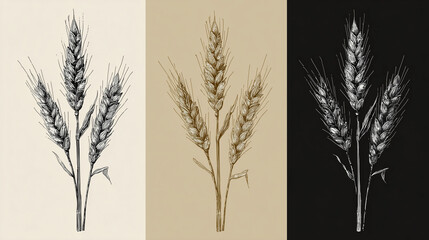 Fototapeta premium Tre spighe di frumento in stile incisione su fondi beige, sabbia e nero. Studio lineare, elegante e versatile per poster, carte, segnaletica rurale e grafica editoriale.