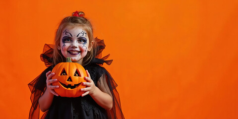 Naklejka premium Happy girl with vampire face painting dressed up is holding jack-o-lantern isolated of orange background