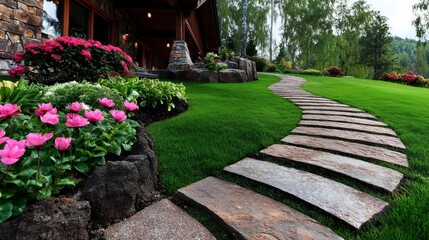 Obraz premium A vibrant home garden in full bloom showcasing a variety of colorful flowers and lush greenery under bright daylight.