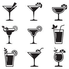 Set Cocktail vector icon. Vector black silhouette. with white background