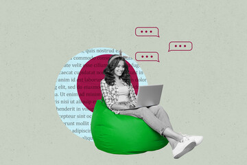 Composite zine pop trend collage of happy girl guy stand colorful bubble communication speech chatterbox notification cloud