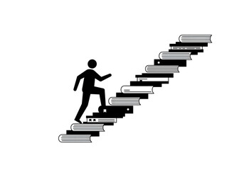 Person climbing book staircase illustrating education and success