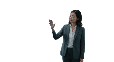 A professional diverse mid-30s woman in business casual touches a vibrant electric blue sphere in a modern co-working office with soft natural light, her expression thoughtful and optimistic, Concept