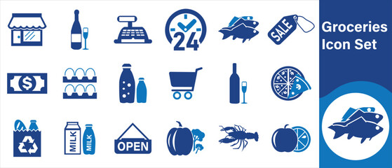 Grocery icon set, shopping cart, grocery bag, supermarket, fresh produce, vegetables, fruits, meat, fish, dairy products, bread, bakery, eggs, cheese, milk, cereals, rice and more