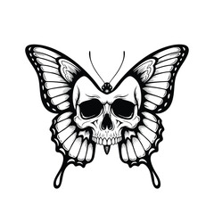 Monochrome illustration of a human skull with large butterfly wings in a tattoo art style.