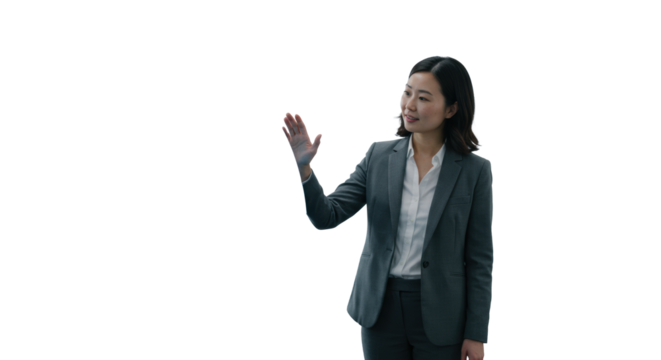 A professional diverse mid-30s woman in business casual touches a vibrant electric blue sphere in a modern co-working office with soft natural light, her expression thoughtful and optimistic, Concept