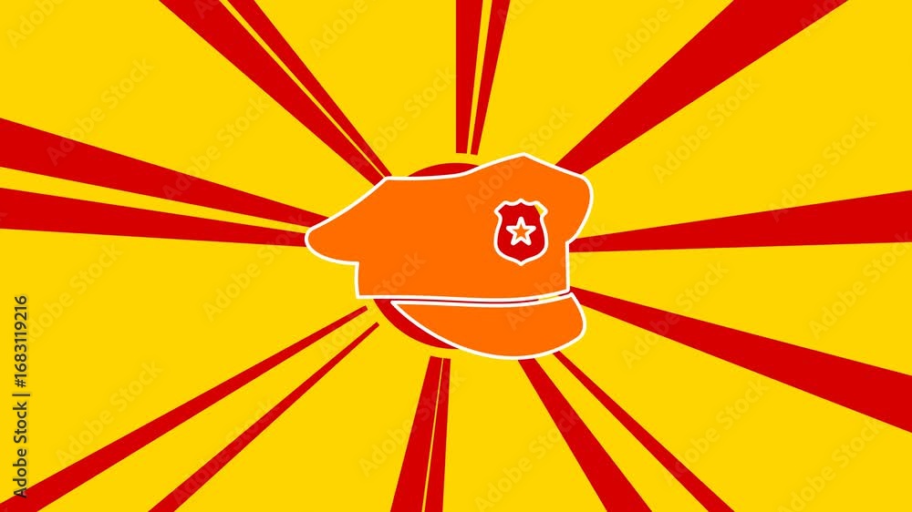 Poster police cap symbol on the background of animation from moving rays of the sun. large orange symbol in
