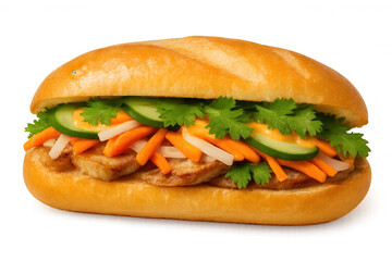 Vietnamese banh mi sandwich with grilled pork, pickled carrots, daikon, cucumber, cilantro, spicy mayo on transparent background