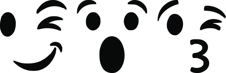 Vector Emoji Faces Collection: Winking, Surprised, and Kissing Expressions - Black and White Icons
