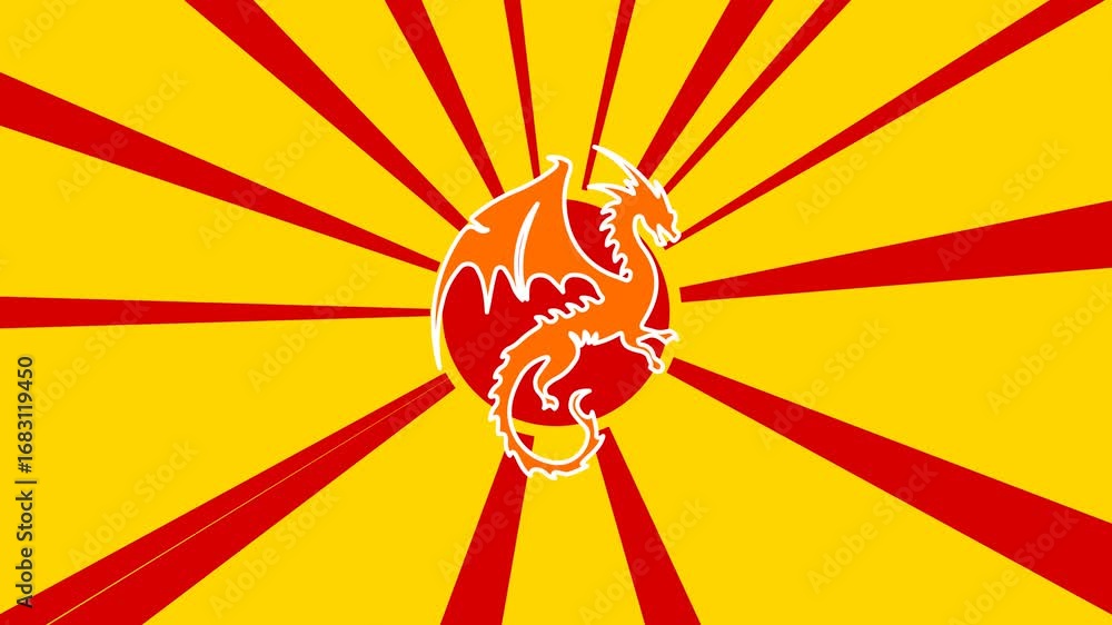 Poster dragon symbol on the background of animation from moving rays of the sun. large orange symbol increa