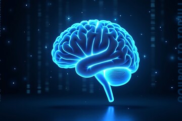 Glowing blue digital brain with binary code background