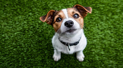A white Jack Russell Terrier with brown spots sits on the grass, looking up with a curious expression in a beautiful garden scene.